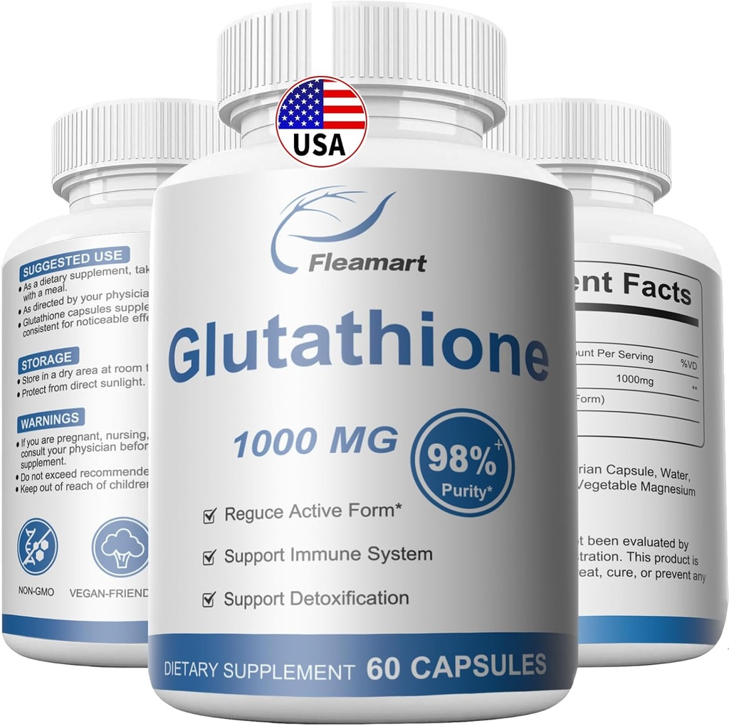 Glutathion Supplement 98% + Meget renset og biotilgængelig - hudpleje & afgiftning L- glutathione 1000mg immunforsvar & leverstøtte - Lavet i USA 60 kapsler