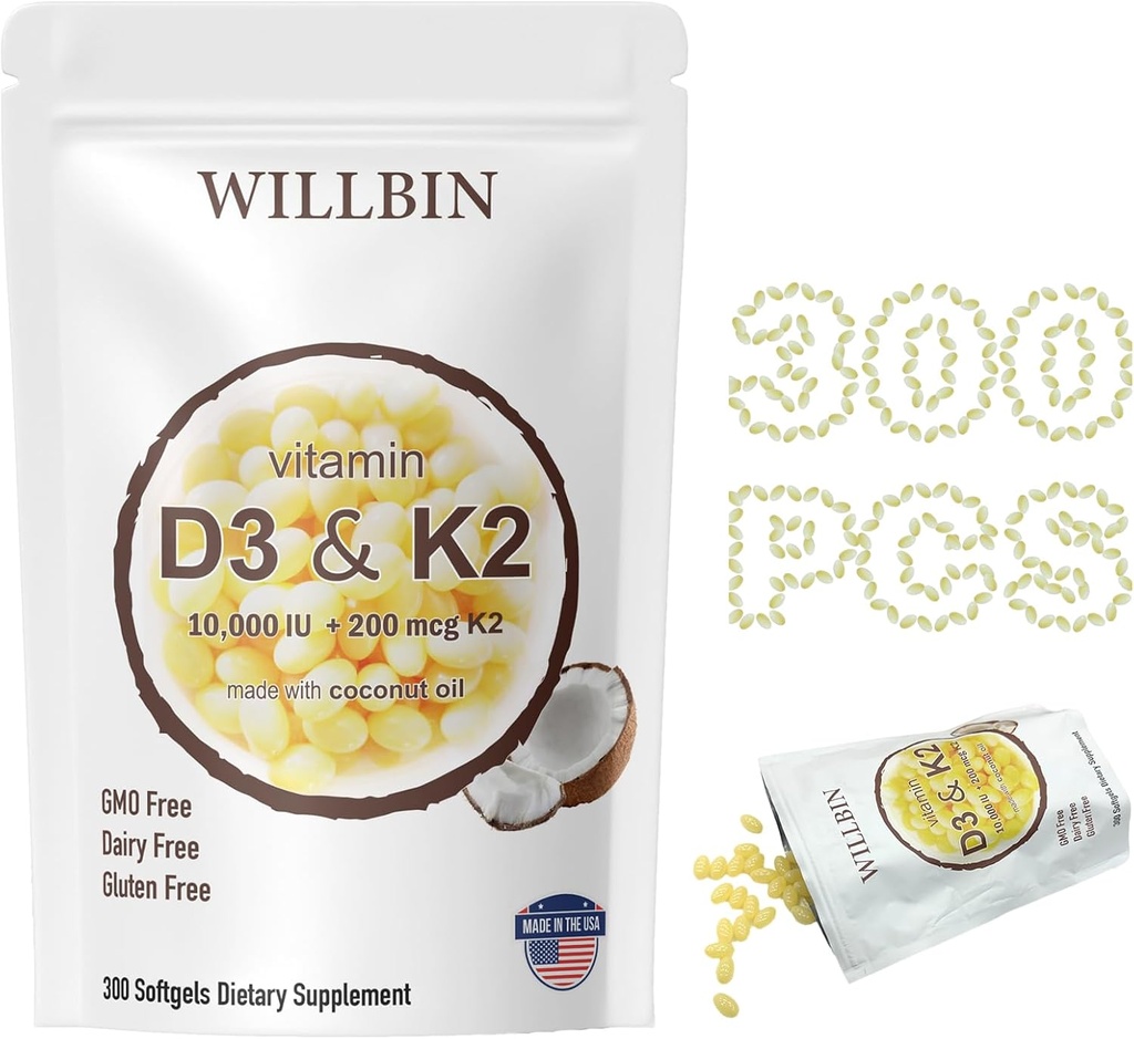 300 Pcs 2 i 1 D3-vitamin 10000 iu Plus K2 (MK- 7) 200 mcg, kokosolie bløddele med vitaminer D & K, understøtter ben, hjerte og immunforsvar - let at synke & non- GMO