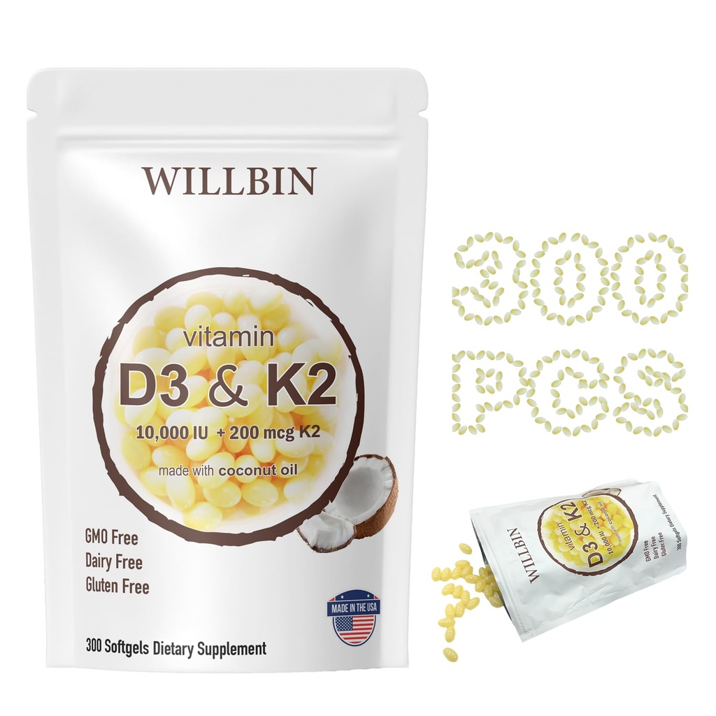300 Pcs 2 i 1 D3-vitamin 10000 iu Plus K2 (MK- 7) 200 mcg, kokosolie bløddele med vitaminer D & K, understøtter ben, hjerte og immunforsvar - let at synke & non- GMO
