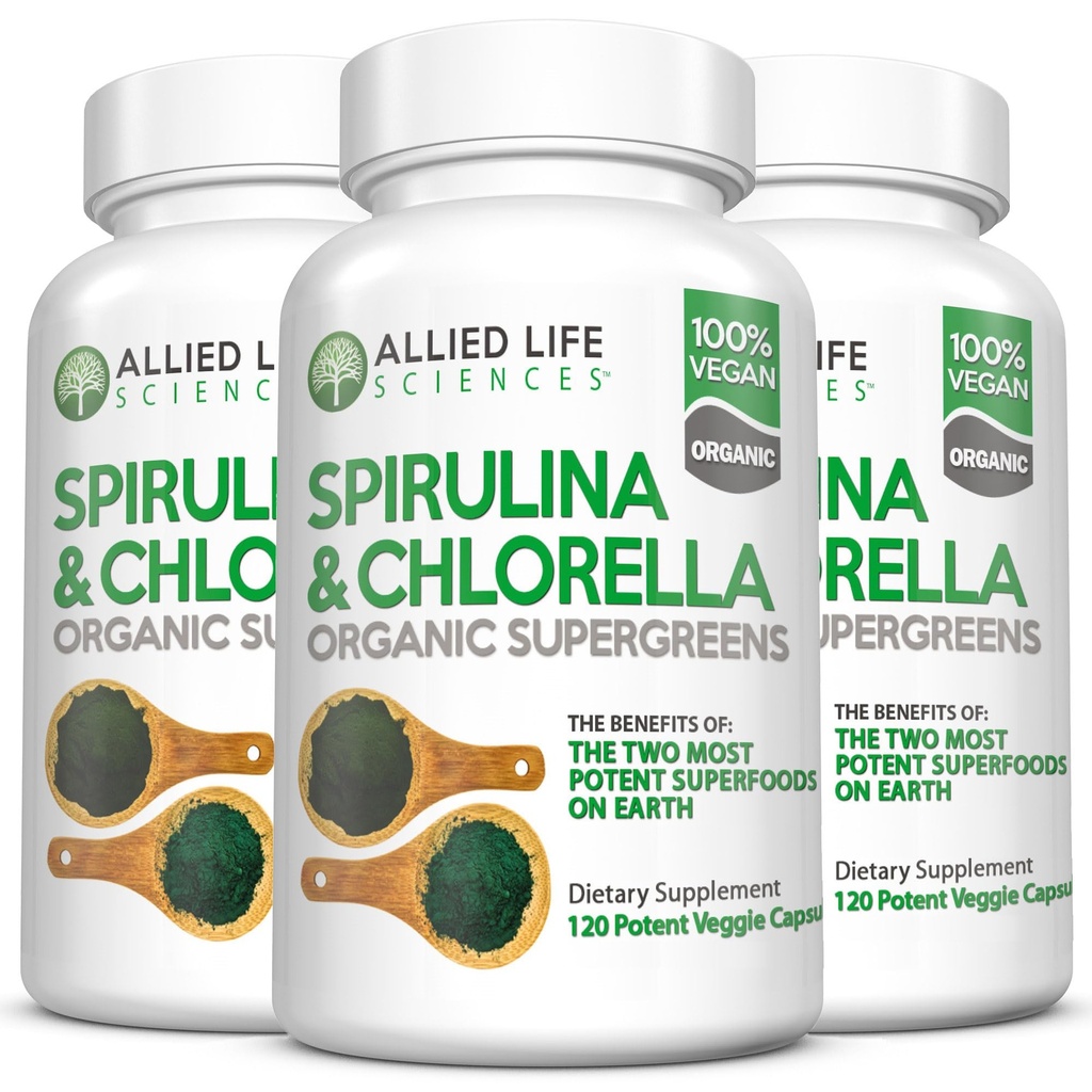 Allied Life Spirulina og Chlorella Medical 124; Organic Chlorophyll Vegan Protein Powder Green Superfood Capsules Medical 124; Natural Immune Support (3 Flaske Pack)