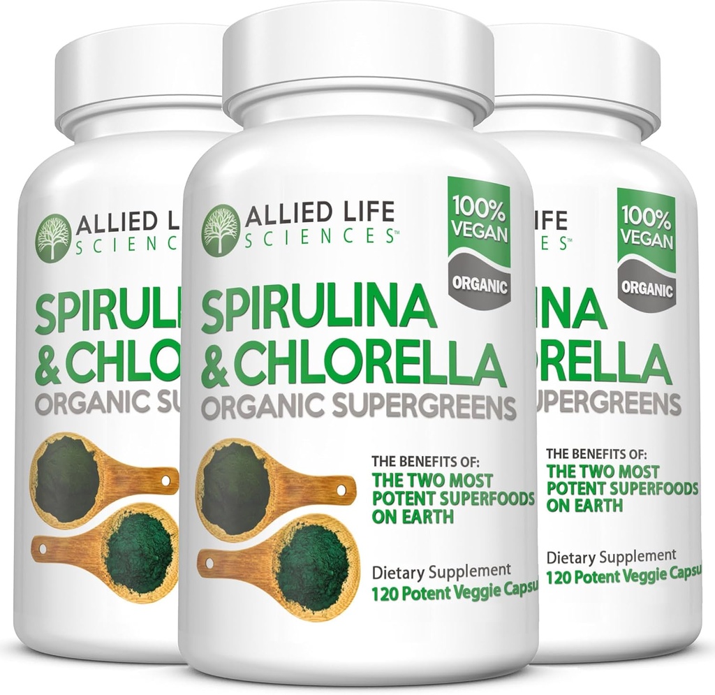 Allied Life Spirulina og Chlorella Medical 124; Organic Chlorophyll Vegan Protein Powder Green Superfood Capsules Medical 124; Natural Immune Support (3 Flaske Pack)