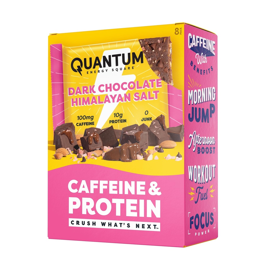 Quantum Energy Square: Energibar med koffein & 10g protein. Lækker sund snack på farten. (Vegansk, Glutenfri, Soy- fri, Dairy- fri) (mørk chokolade Pink Himalayansk salt)