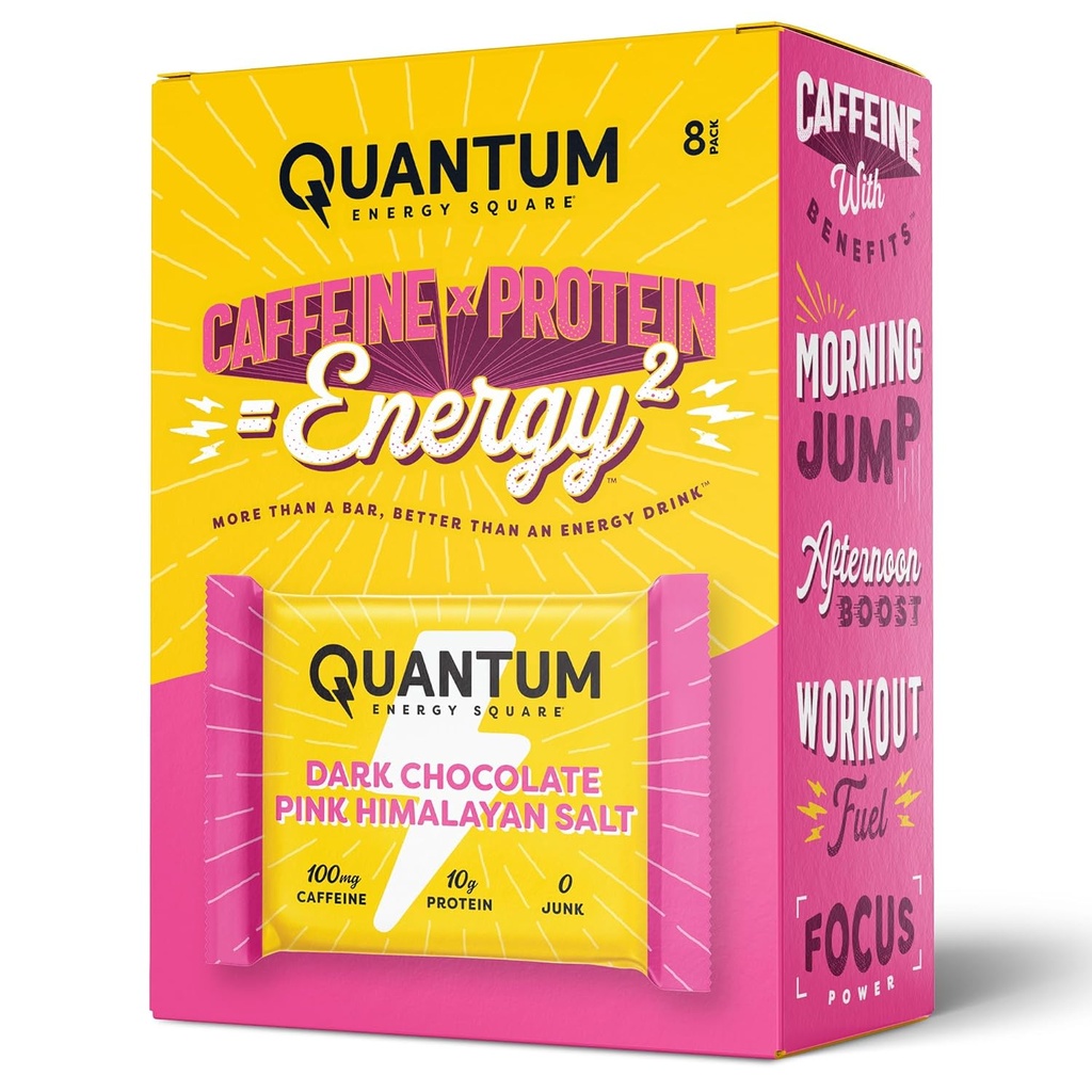 Quantum Energy Square: Energy Bar with Caffeine & 10g Protein. Delicious Healthy Snack On The Go. (Vegan, Gluten-free, Soy-free, Dairy-free) (Dark Chocolate Pink Himalayan Salt)