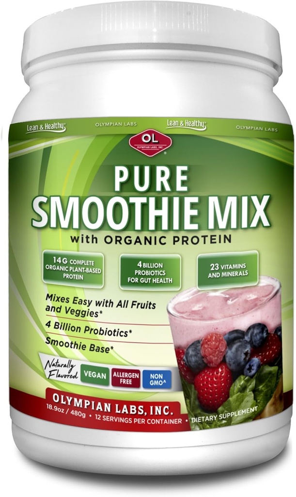 Olympian Labs Pure Smoothie Mix, Pea Protein Powder Plus Probiotika, Vitaminer, Minerals, CLA, & Hør Seed.