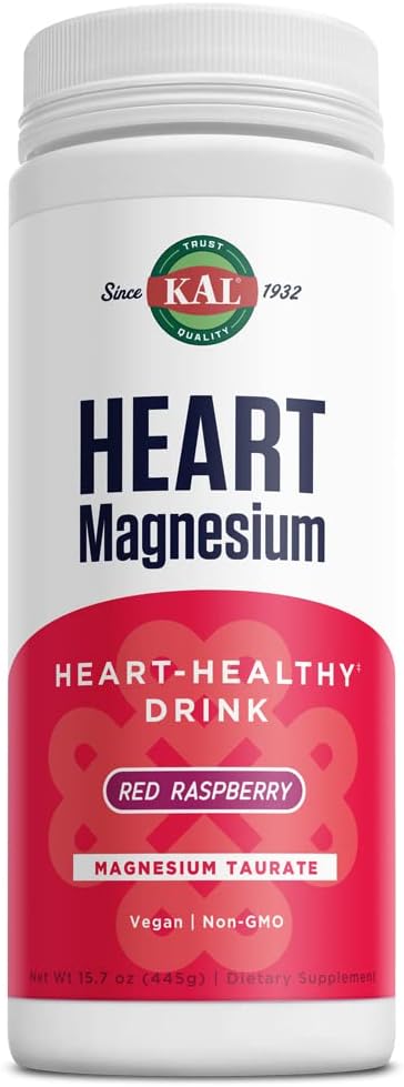 KAL Heart Magnesium Drink Mix, Rød Raspberry Magnesium Taurate Powder Heart Health Kosttilskud til inflammation, Sukker fri, Vegan, 100 Servere, 15.7 oz