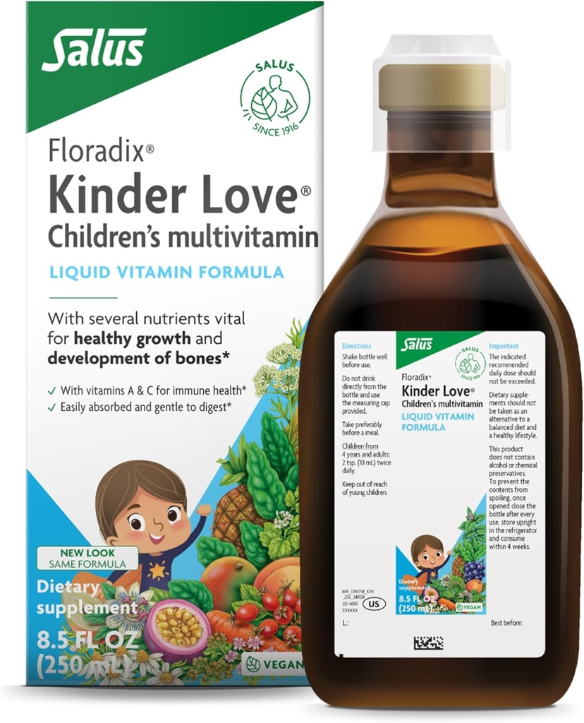 Floradix Kinder Love Children 's Multivitamin - Urtetilskud - Flydende Multivitamin til børn - Vitamin A, C, D & E, Calcium & Mere - Vegetar, Non- GMO, Gluten- Free - 8,5 fl oz