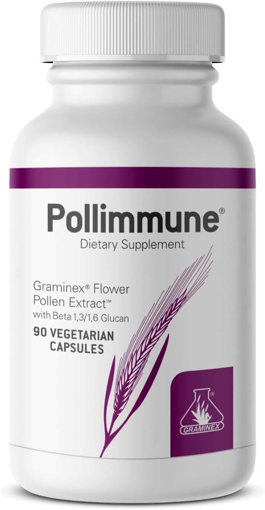 Graminex Pollimmune 500mg Beta 1,3 / 1,6 Glucan (Bakers Gær) og Flower Pollen Extract Antioxidant Formel, Natural Immunsystem Support & Energy Booster - 90 Vegetariske kapsler