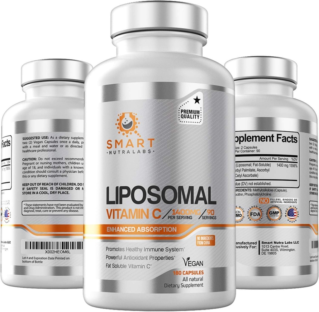 Liposomal Vitamin C 1400mg- 180 Vegan Capsules- China Free Ingredients, Fat Soluble High Absorption VIT C- Supports Healthy Immune System & Collagen Booster- Powerful Antioxidant Support Supplement