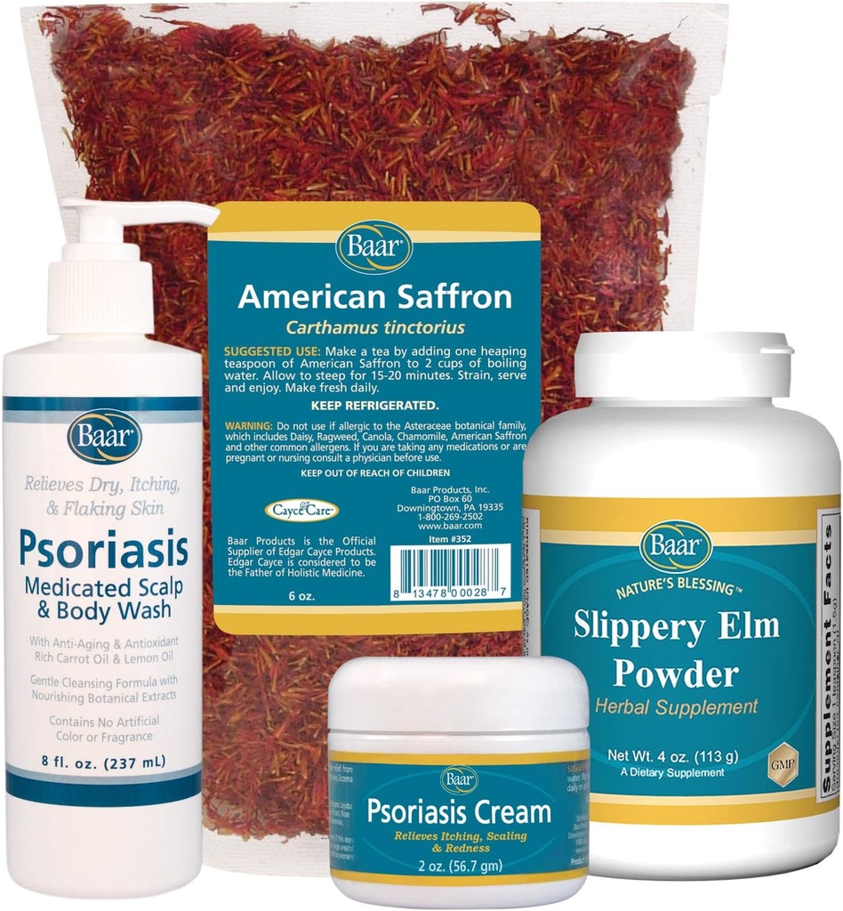 Psoriasis Care Kit - Inkluderer American Saffron Tea, Slippery Elm Bark Powder, Psoriasis Skalp og Body Wash, og Psoriasis Cream. 4 Genstande anbefalet i bogen Healing Psoriasis af Dr. John Pagano