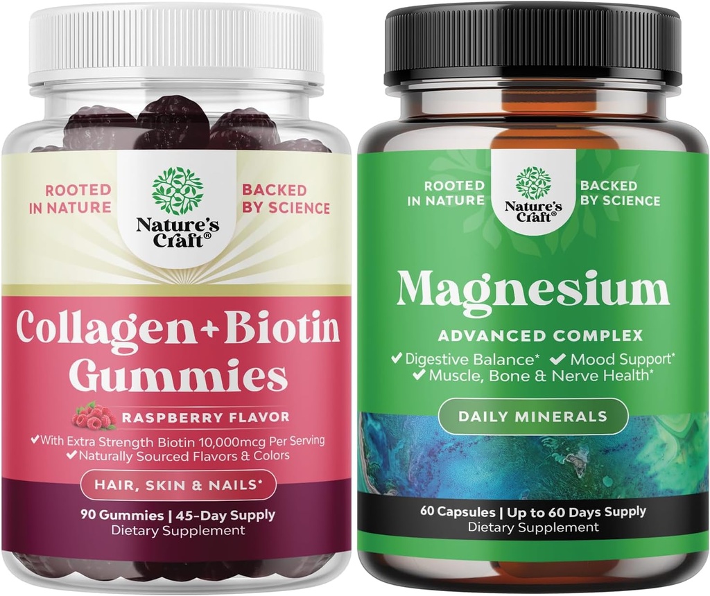 Bundle af hår hud og negle Gummies for kvinder - Ekstra styrke Biotin og Collagen Gummies for kvinder Hår hud negle Support og høj absorption Magnesium Complex supplement til Mave og fordøjelse