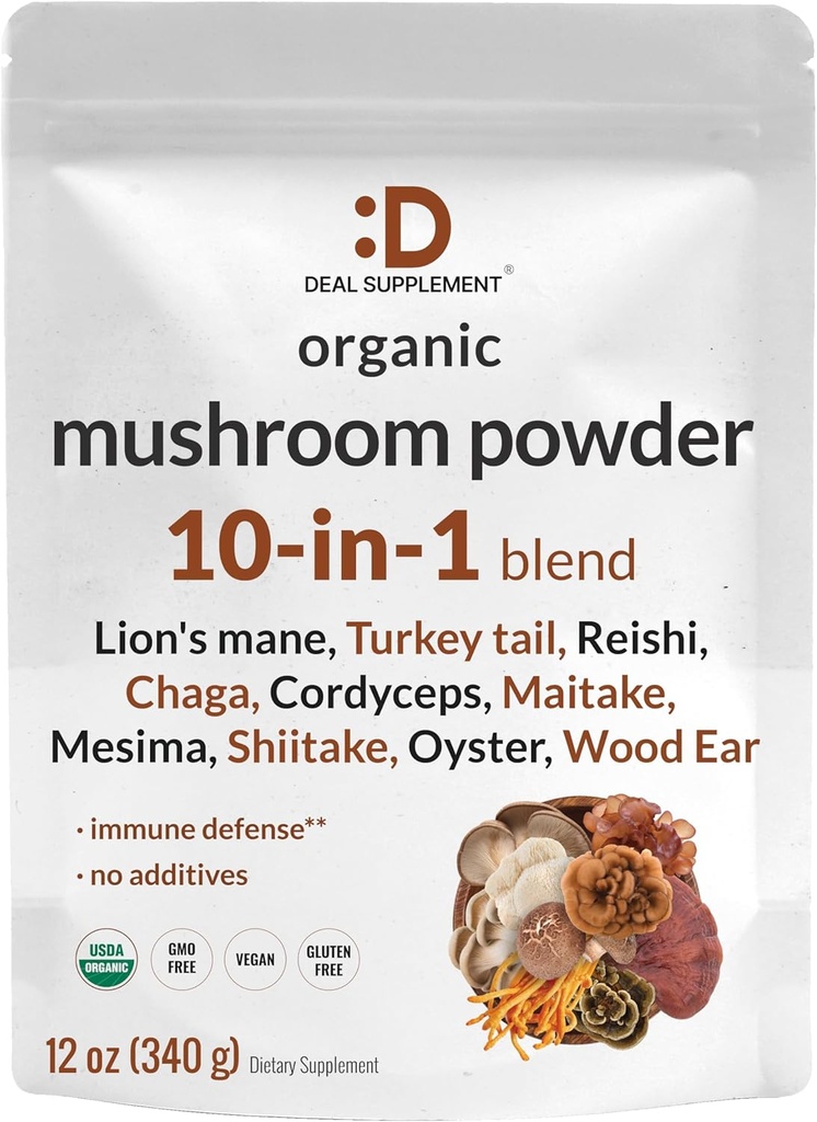DEAL SUPPLEMENT Organic Mushroom Powder Supplement, 12oz - 10 i 1 Active Blend - Shiitake, Lions Mane, Cordyceps, Chaga, med mere -støtter immunforsvar, energi, & Brain Health - non-GMO, Vegan