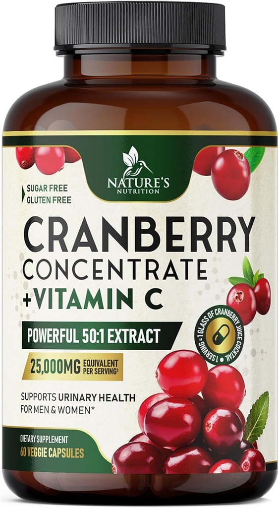 Cranberry Supplement Pills 25,000mg - High Potency C Vitamin C Cranberry for Women & Men, Urinary Tract Health Support, Sugar Free, Gluten Free, Non- GMO, Cranberry Concentrate Extract - 60 Kapsler
