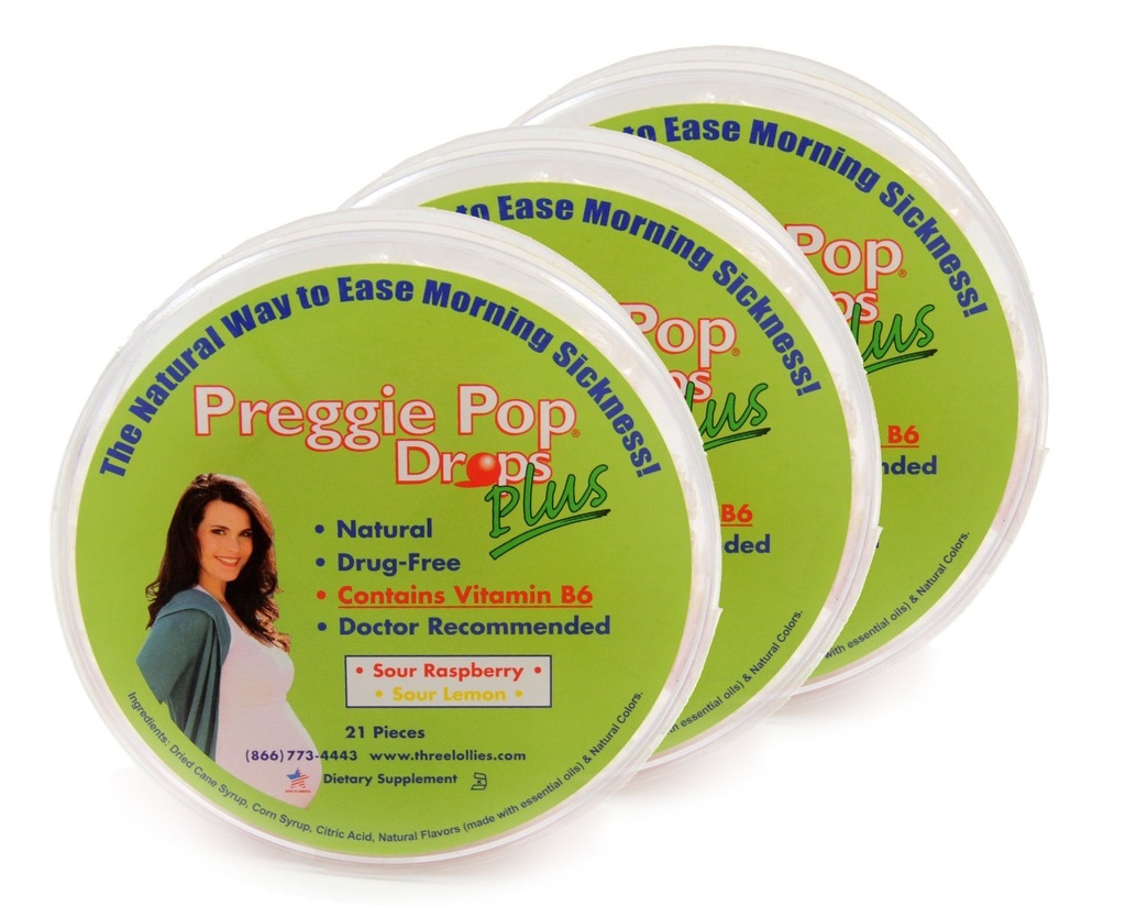 Tre Lollies Preggie Pop Drops Plus med B6 kapsler, sour Hindbær / Lemon, 3 Greve
