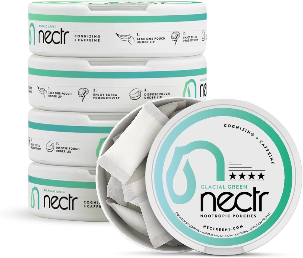 Nectr Energy Nootrop Pouches - Glacial Green Wintergreen Koffein Pouches med Cognizin ® Citicolin. Sugar- Free Brain Treats. Glat, Vedvarende Focus & Energy Supplement - 5 pucks på 16pcs