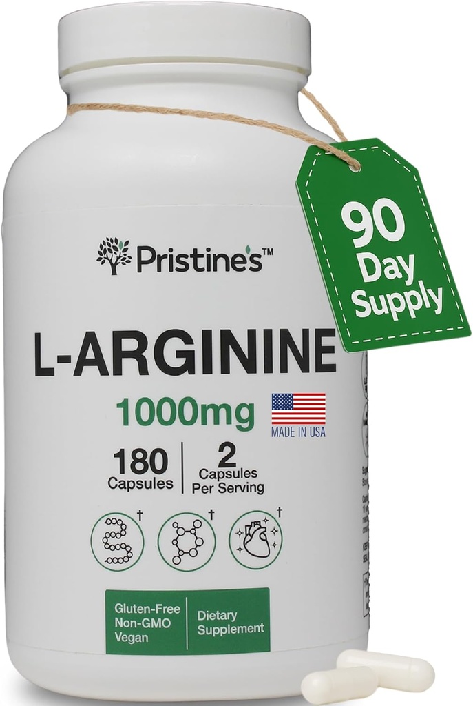 PRISTINE'S L Arginine Supplements for Men & Women - 1000mg Capsules 90 Day Supply Nitric Oxide & Pre Workout Amino Acid Support