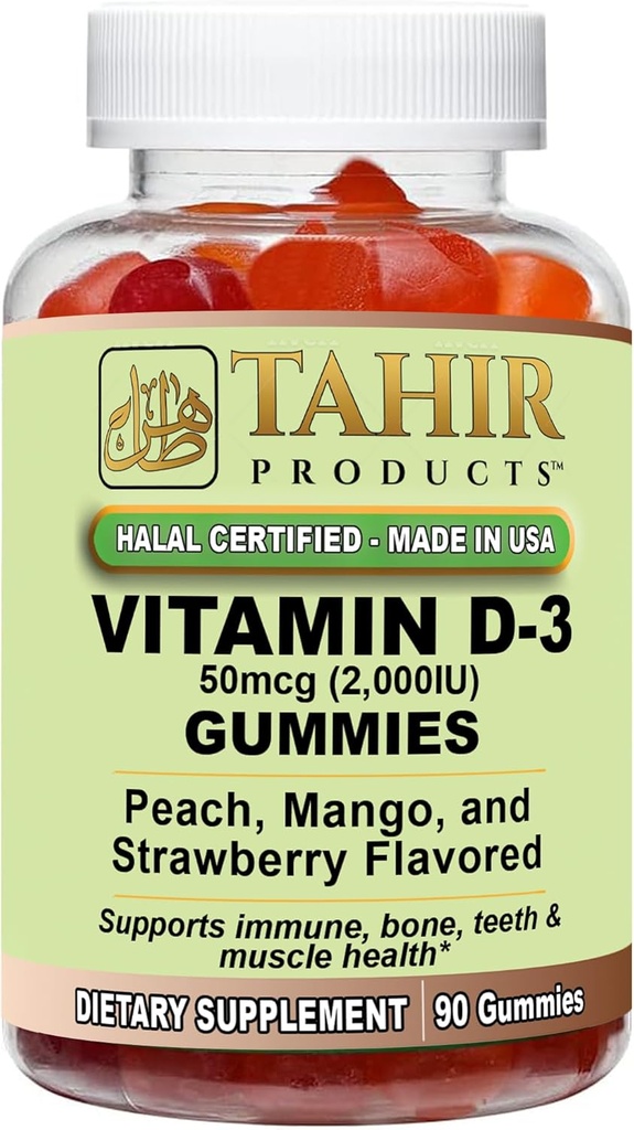 Tahir Halal Vitamin D3 2000 IE Gummies - Understøtter ben og immunforsvar, fremmer muskelfunktion, Gluten- fri, Gelatin- fri, 90 Natural Fruit Flavor Gummies, Made in USA - Halal Certified