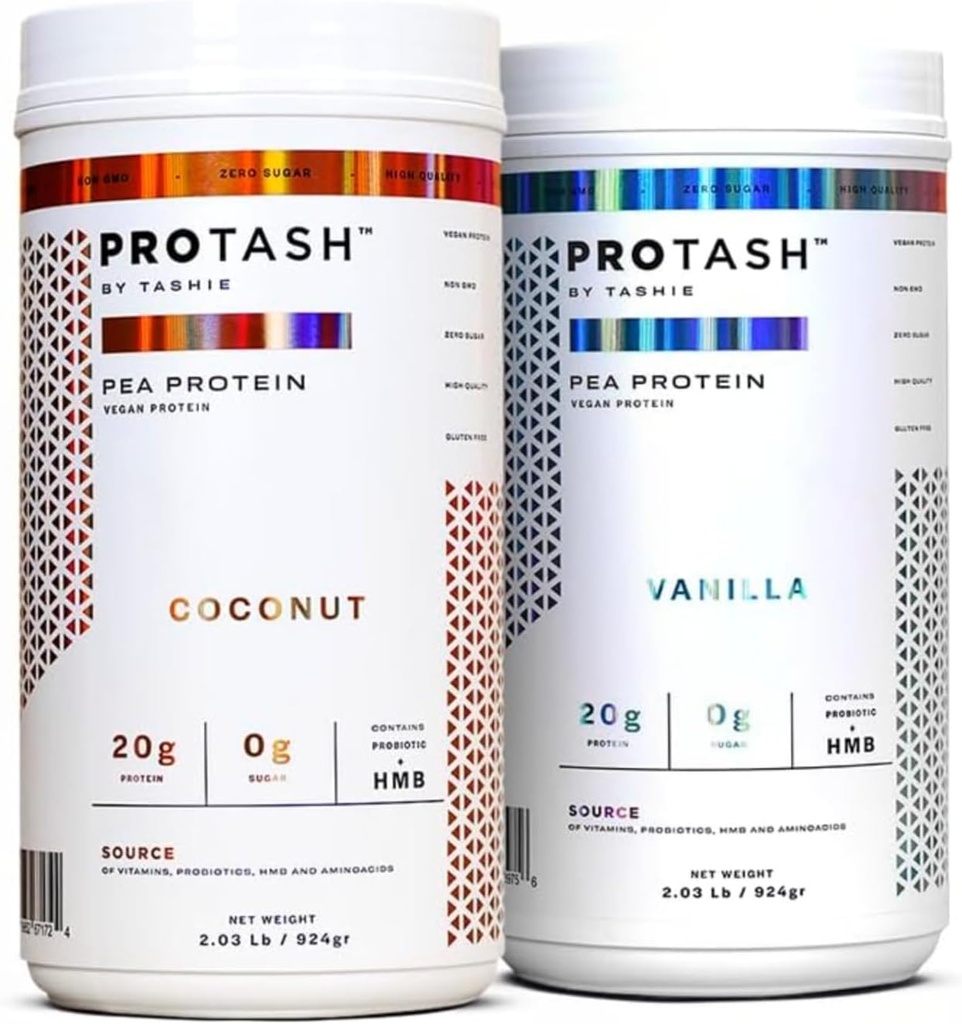 Pakke med 2 stk. 124; Vegansk protein pulver af TASHIE, 20g Pea protein til mænd og kvinder, Non GMO, Zero Sugar, Indeholder probiotisk & HMB (Vanilla & Coconut)