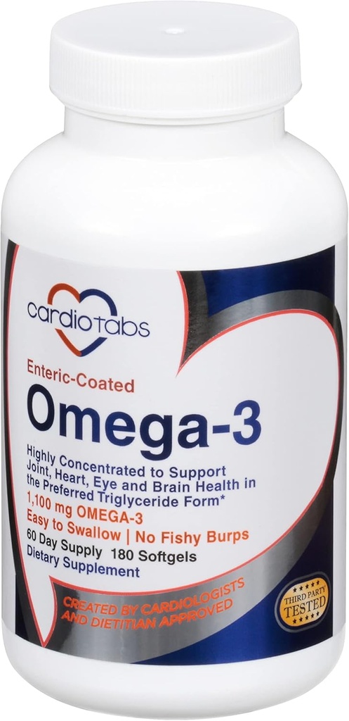 Omega-3 Enteric- Coated Fish Oil Supplements, Triglycerid Form, 1100 mg Total Omega-3 Fedtsyrer, Non- Dairy and Gluten- Free, Special Enteric Coated Softgels for No Fishy Burps - 180 Count