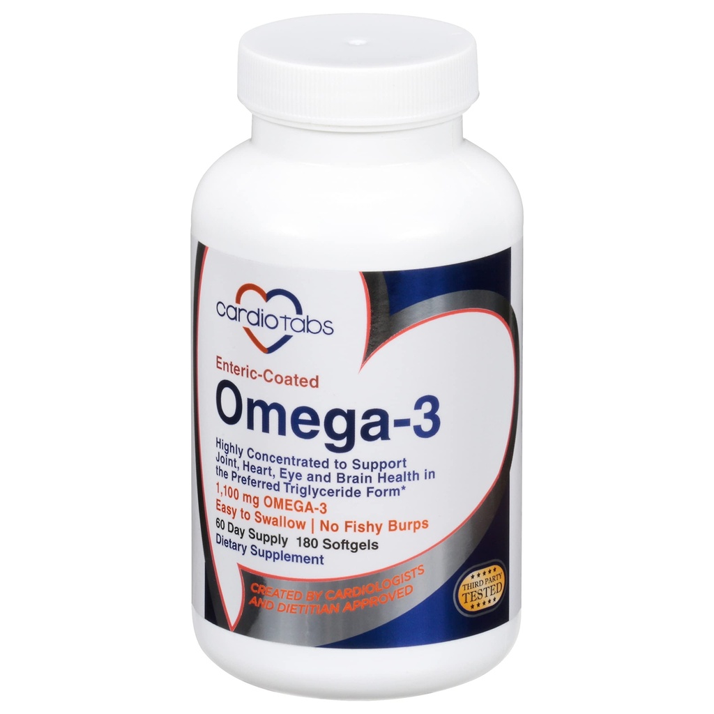 Omega-3 Enteric- Coated Fish Oil Supplements, Triglycerid Form, 1100 mg Total Omega-3 Fedtsyrer, Non- Dairy and Gluten- Free, Special Enteric Coated Softgels for No Fishy Burps - 180 Count