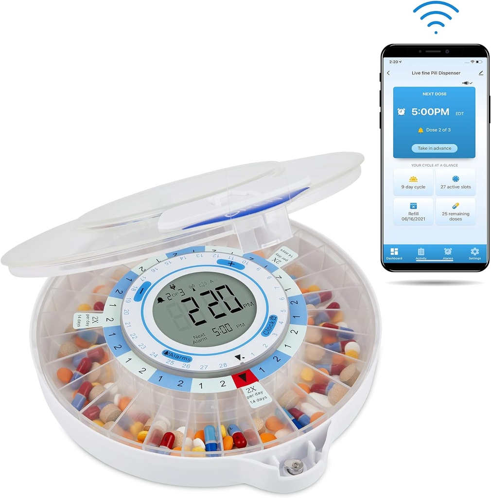 Live Fine Smart WiFi Automatic Pill Dispenser | 28-Day Medication Organizer Up to 9 Doses Per Day for Care Monitoring with Locking Key, Adjustable Light/Sound Alarms for Prescriptions & Vitamins