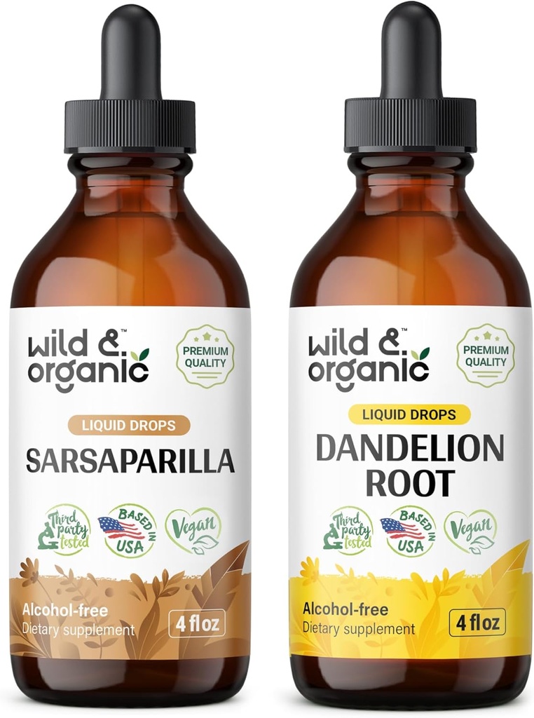 Wild & Organic Sarsaparilla Tinktur 4 fl oz & Mælkebøtte Root Tinktur 4 fl oz