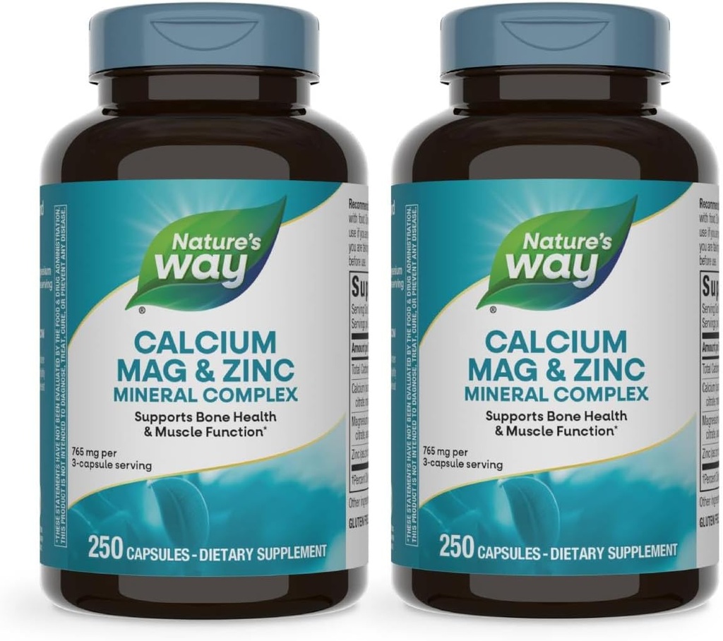Nature's Way Calcium Magnesium & Zinc Mineral Complex, Supports Bone Health & Muscle Function*, Immune Support*, 250 Capsules (Packaging May Vary) - 2 Pack