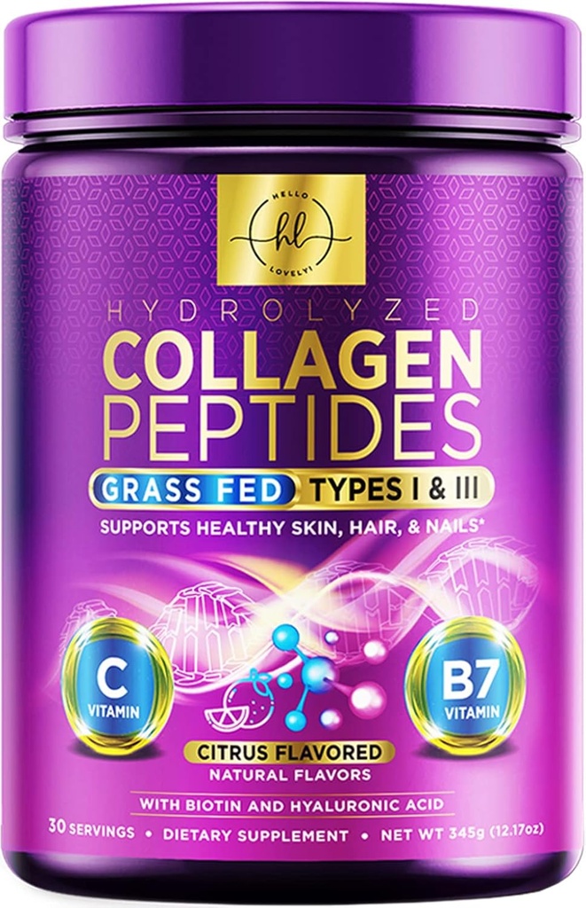 Hej, smukke! Collagen Peptider Pulver, Grass- Fed Hydrolyzed Collagen Pulver til kvinder Type I & III, w / Hyaluronsyre & biotin, hår, hud, negle & fælles støtte, Collagen supplement - 30 Servere