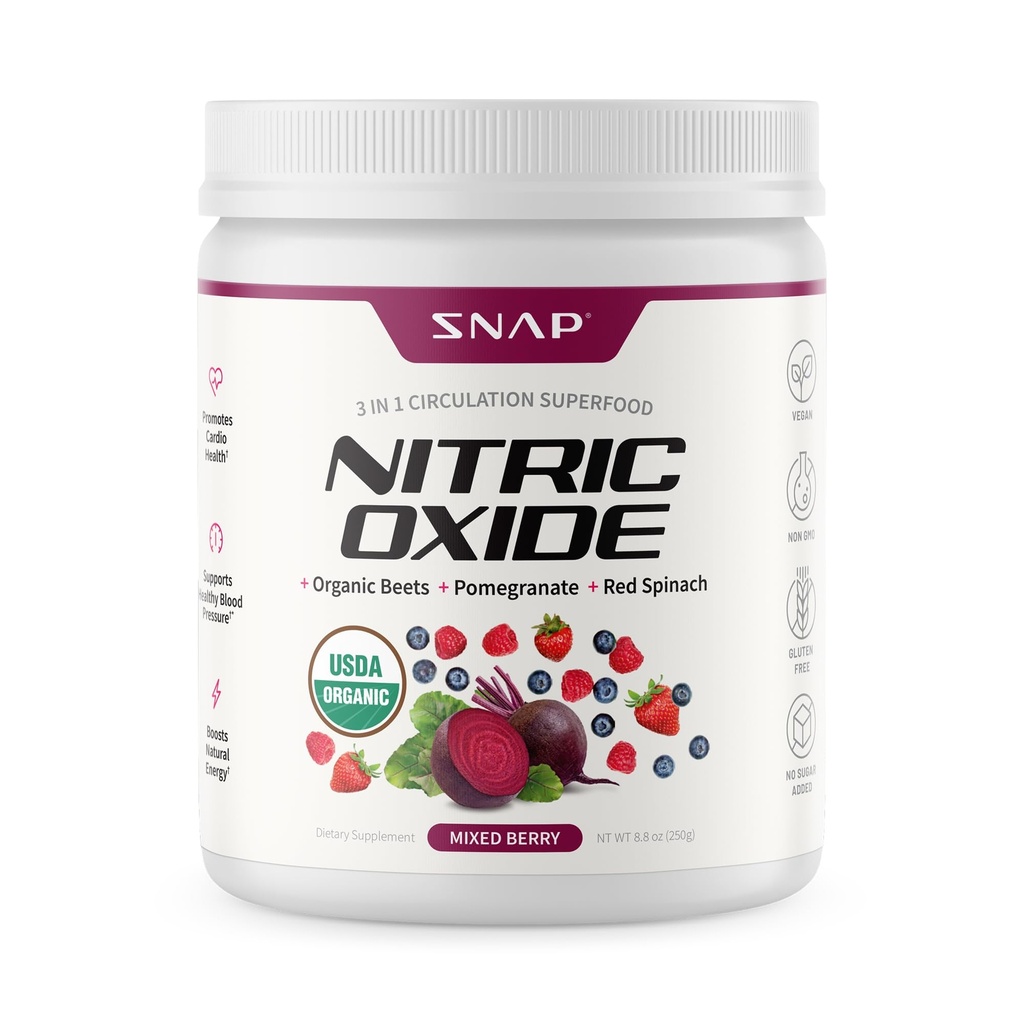 Snap Supplements Organic Beet Root Nitrogen Oxide Powder - Understøtter energi og sund cirkulation, 8.8 oz (30 Servere, 1 Måned Supply), Blandede Berry