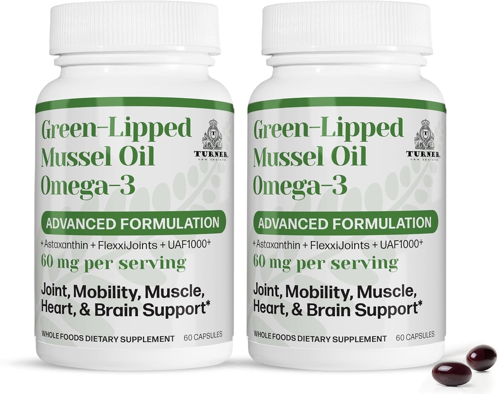 TURNER New Zealand Green Lipped Omega-3 Mussel Oil, 53x Højere potens med UAF1000 + Super Antioxidant, Ingen Fishy Eftersmag, 2 flasker, 120 Softgels