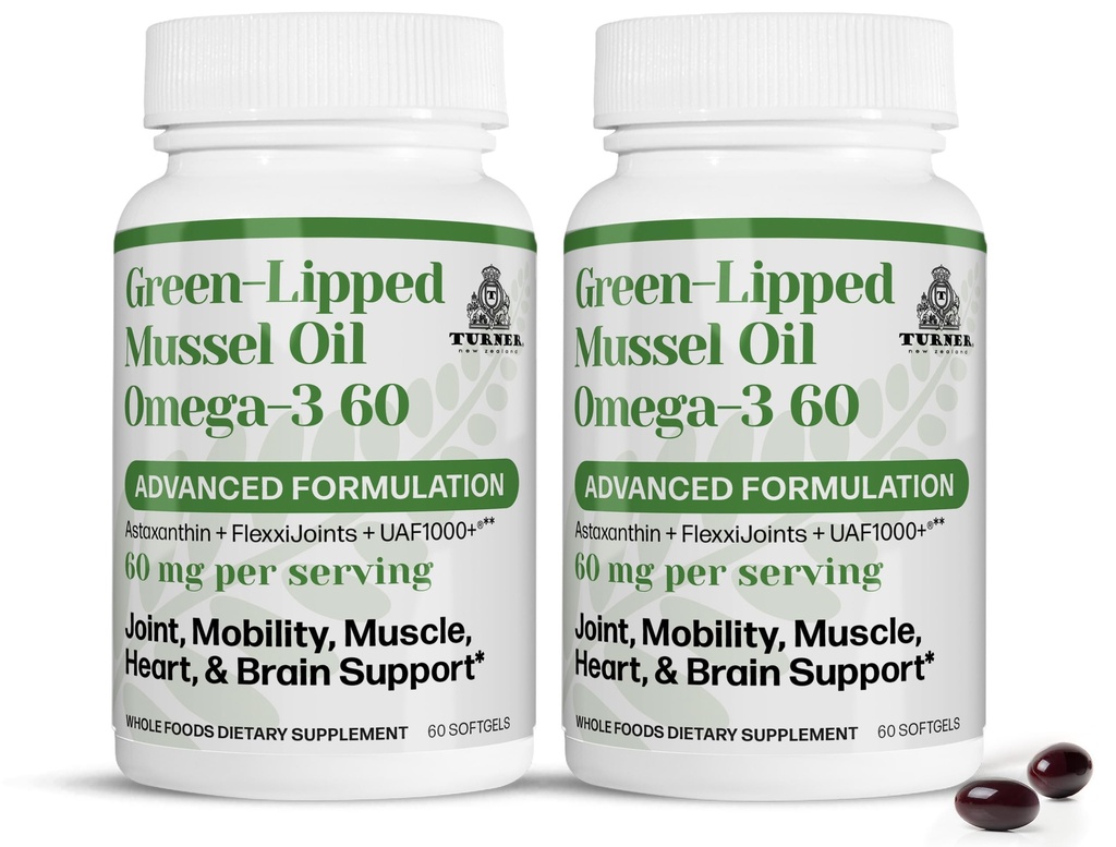 TURNER New Zealand Green Lipped Omega-3 Mussel Oil, 53x Højere potens med UAF1000 + Super Antioxidant, Ingen Fishy Eftersmag, 2 flasker, 120 Softgels