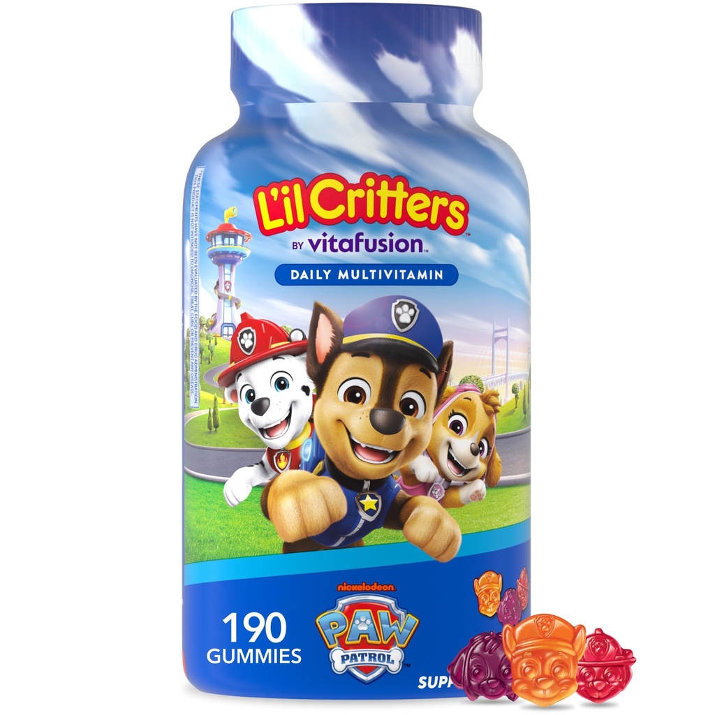 L 'il Critters Paw Patrol Gummy Vites Daily Gummy Multivitamin til børn, C-vitamin, D3 for immunforsvar Kirsebær, Orange og blåbær flavors, 190 Gummies