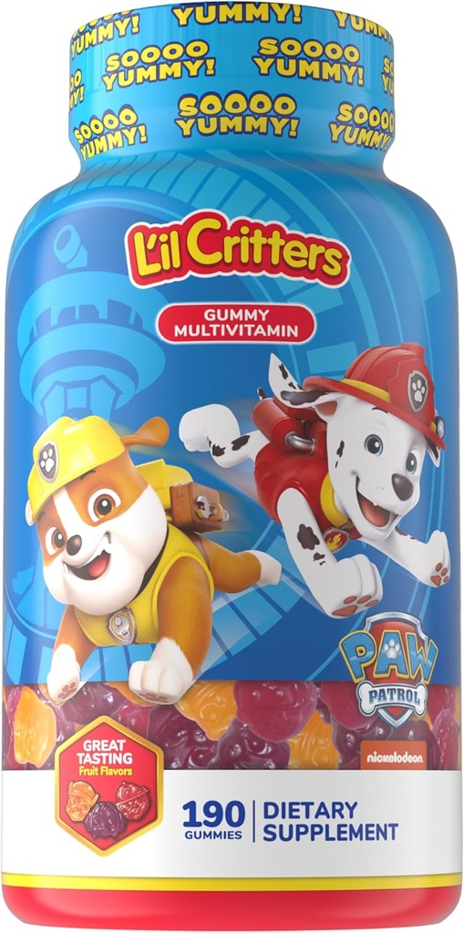 L 'il Critters Paw Patrol Gummy Vites Daily Gummy Multivitamin til børn, C-vitamin, D3 for immunforsvar Kirsebær, Orange og blåbær flavors, 190 Gummies