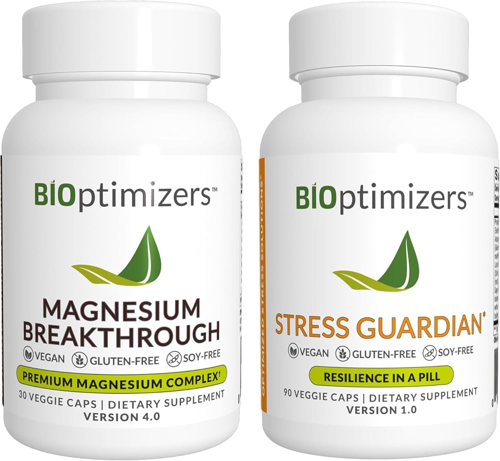BiOptimizer Magnesium Breakthrough 4.0, (30 kapsler) & Stress Guardian, (90 kapsler) - Natural Sleep, Brain, og Stress Support Bundle