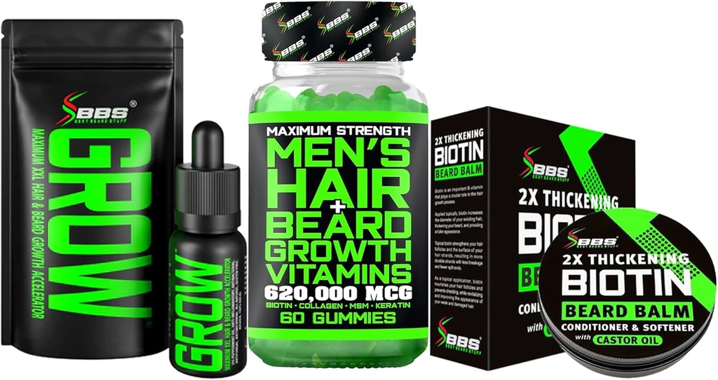 Beard Growth Kit w / 2X Thickening Biotin Beard Balm for Mænd & Mustache Wax + Grow Mustache Serum & Facial Hair Oil + 14 - in-1 Biotin Gummies & Hair Growth Vitamin for Mænd - Formuleret i Amerika