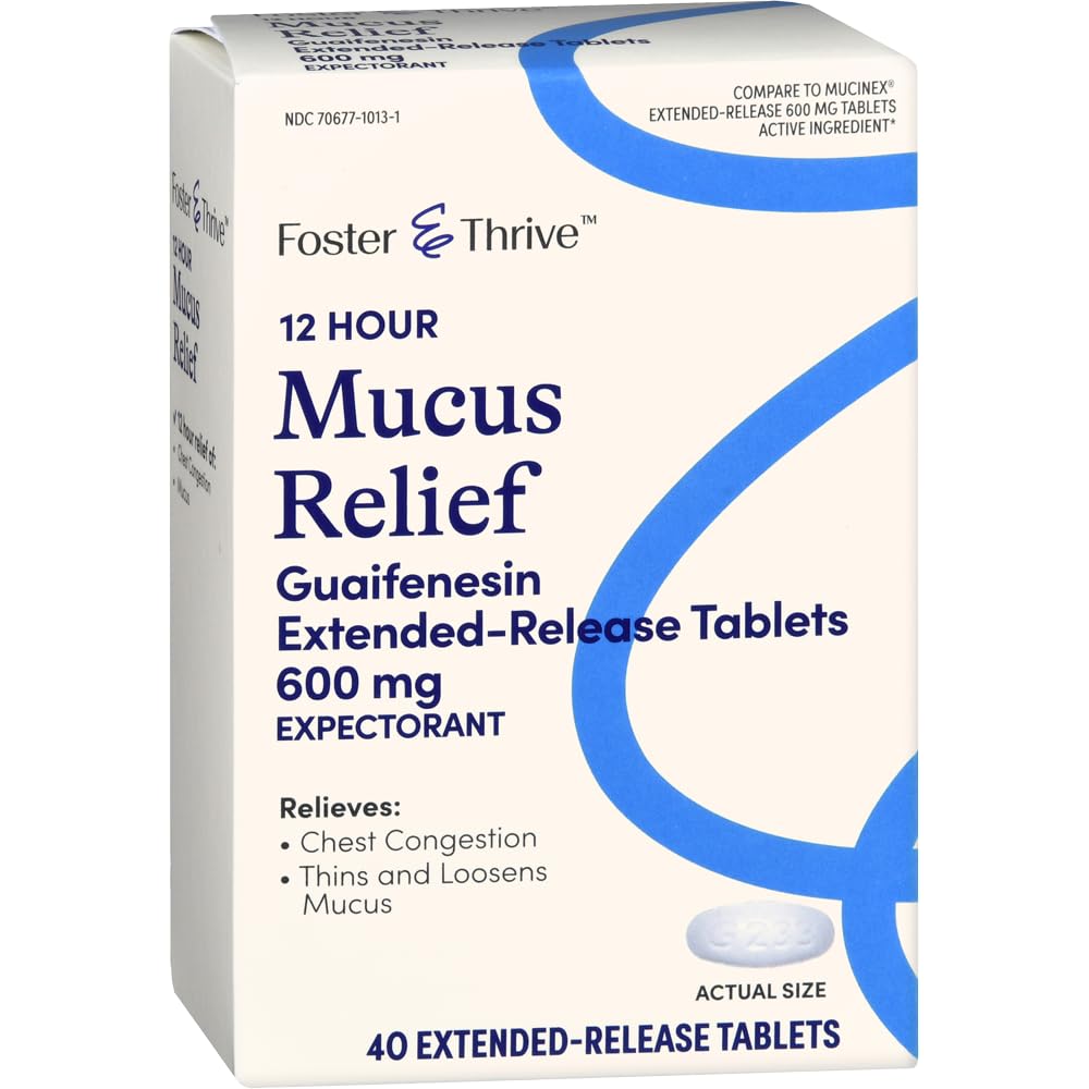 Foster & Thrive Chest Congestion Mucus Extended Release, 600 mg Guaifenesin Relieves Chest Congestion Årsag af Excess Mucus, (Sammenlign med Mucinex 12 timers udvidet Release), 40 tabletter