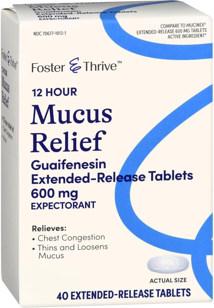 Foster & Thrive Chest Congestion Mucus Extended Release, 600 mg Guaifenesin Relieves Chest Congestion Årsag af Excess Mucus, (Sammenlign med Mucinex 12 timers udvidet Release), 40 tabletter