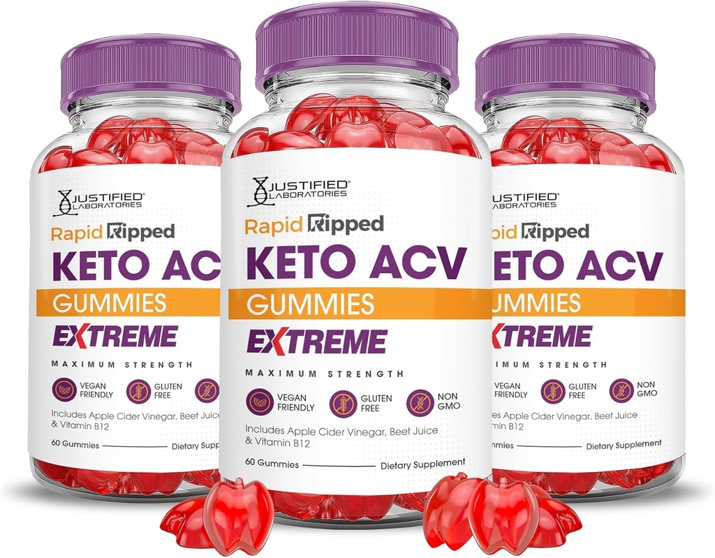 Justified Laboratories (3 Pack Rapid Ripped Keto ACV Gummies Extreme 2000MG Rapitrup Keto Gummies Apple Cider Vinagar Formuleret med Pomegranate Beet Juice Powder B12 Vegan Non GMO 180 Gummys