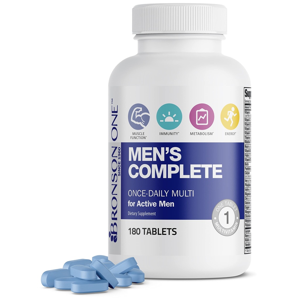 Bronson ONE Daily Men 's Complete Multivitamin Multimineral Once- Daily Multi for Aktive Mænd, 180 tabletter