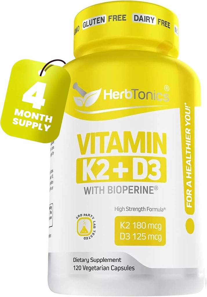 Immune System Support Vitamin K2 (MK7) with D3 5000 Iu Supplement + Bioperine (Black Pepper) | Strong Bones & Heart Health | K2 D3 Complex | Easy to Swallow 120 Veg Capsules