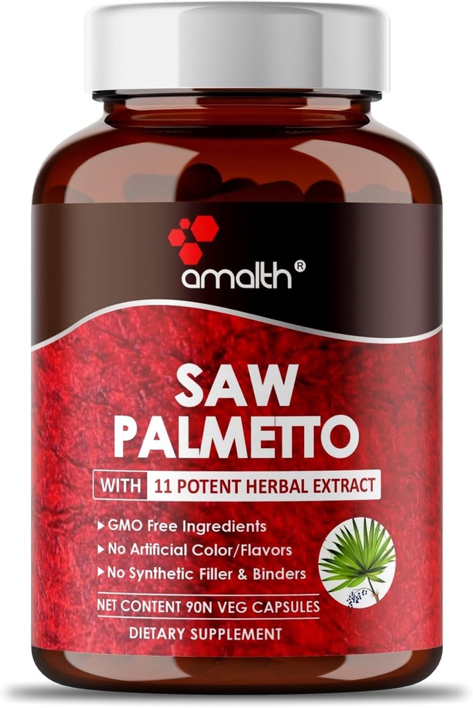 AMALTH Premium Saw Palmetto Capsule - Ekstra styrke Formuleret med Ashwagandha, Tribulus, Ginger, Maca, Holy Basil og mere naturlig prostatastøtte, 90 Capsule