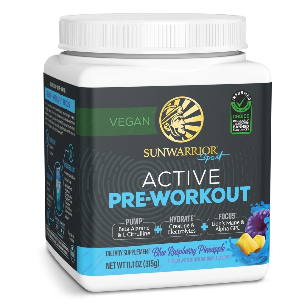Sunwarrior Pre Workout Powder Energy Drink Vegan Plant- baseret supplement Pump, Hydrate, Fokus, Endurance, & Styrke Builder Blå Raspberry Ananas Flavored 30 Servering Aktiv Preworkout