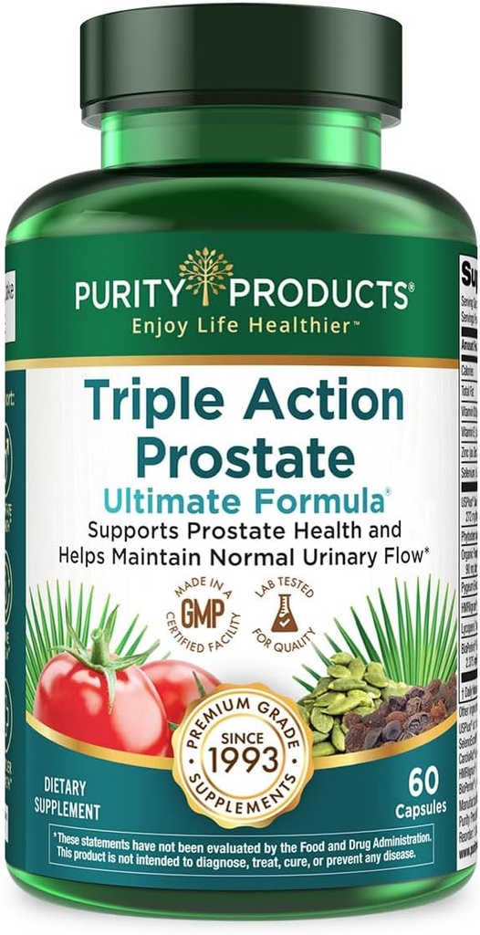 Triple Action Prostata Ultimate Formel - Mænds Prostata Supplement - Zink, Saw Palmetto, Pygeum, Pumpkin Seed Oil Extract & Phytosterols - Understøtter urinstrømmen, Bstige og hjerte sundhed - 60 kapsler