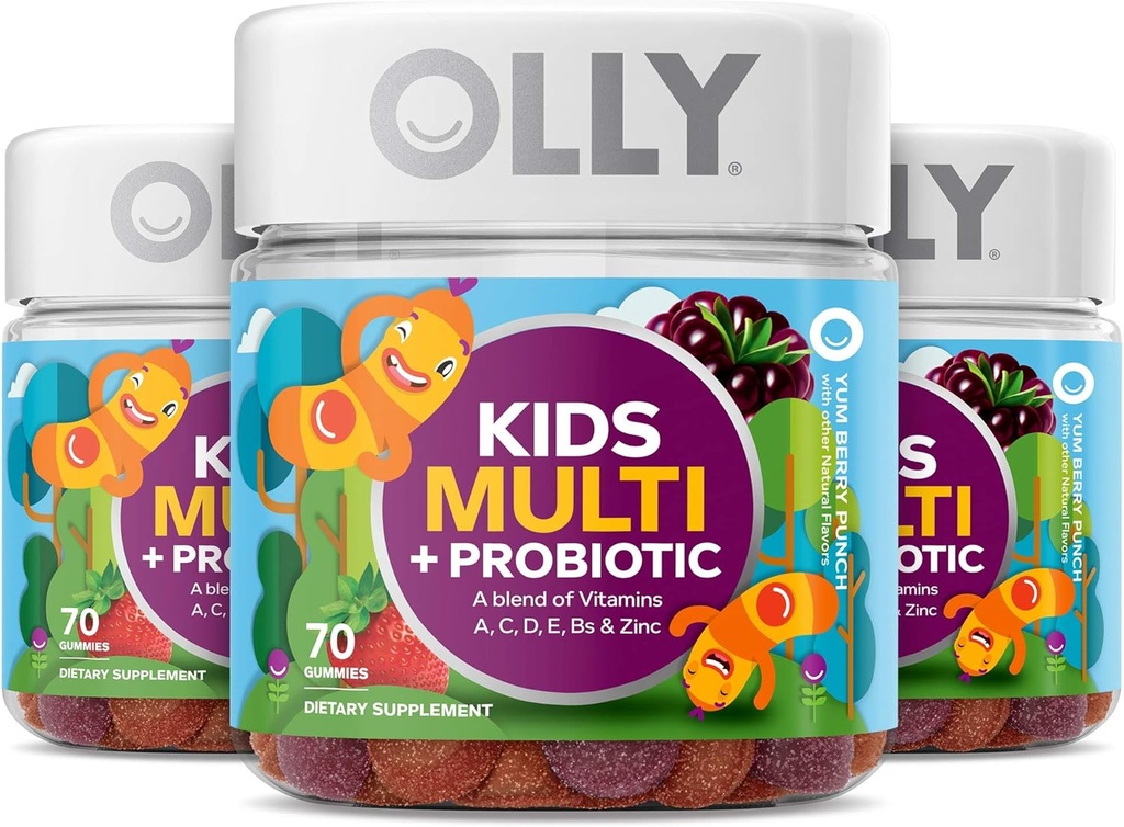 OLLY Kids Multivitamin + Probiotisk Gummy, Vitamin A, C, D, E, B, Zink, Probiotika, Chewable Supplement, Berry Flavor, 70 Greve (3 Pack)