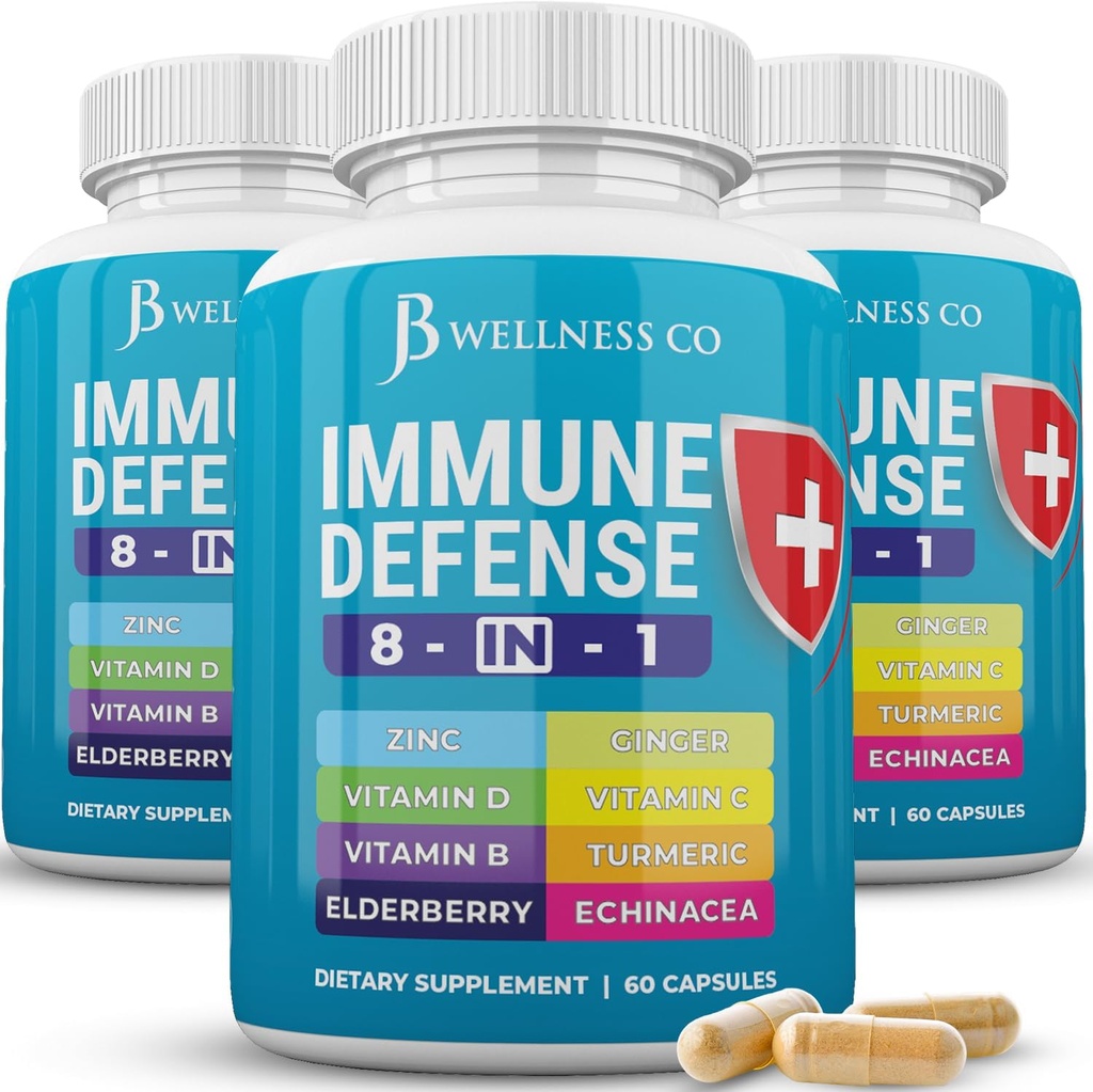 Immunstøtte 8 i 1 kapsler - Zink supplement, vitamin D3, C-vitamin og hyldebær - Immunbooster tillæg med Echinacea, Ginger Root, og gurkemeje - [3- Pack, 180 Greve]