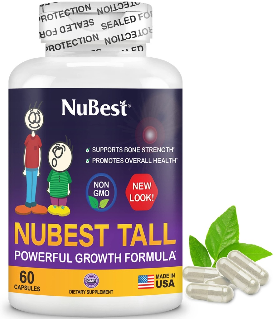 NuBest Tall; Support Bone Strength, Bone Health, Forbedret immunforsvar og hele kroppen Wellness med Calcium, Collagen, og urter til alderen 5 + & Teens; 60 Kapsler; 124; 1 Måned Supply