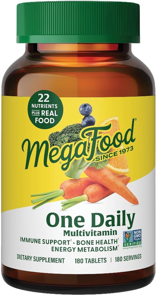 MegaFood One Dagligt Multivitamin til kvinder og mænd, immunsupporttilskud med rigtige fødevarer, C-vitamin og B-vitamin, Knoglesundhed, cellular energi Metabolisme, Vegetarisk, Non- GMO, 180 tabletter
