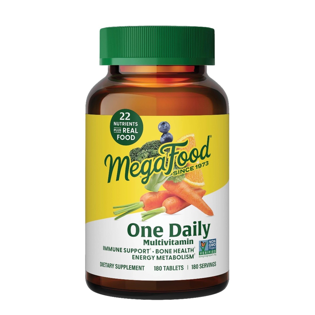 MegaFood One Dagligt Multivitamin til kvinder og mænd, immunsupporttilskud med rigtige fødevarer, C-vitamin og B-vitamin, Knoglesundhed, cellular energi Metabolisme, Vegetarisk, Non- GMO, 180 tabletter