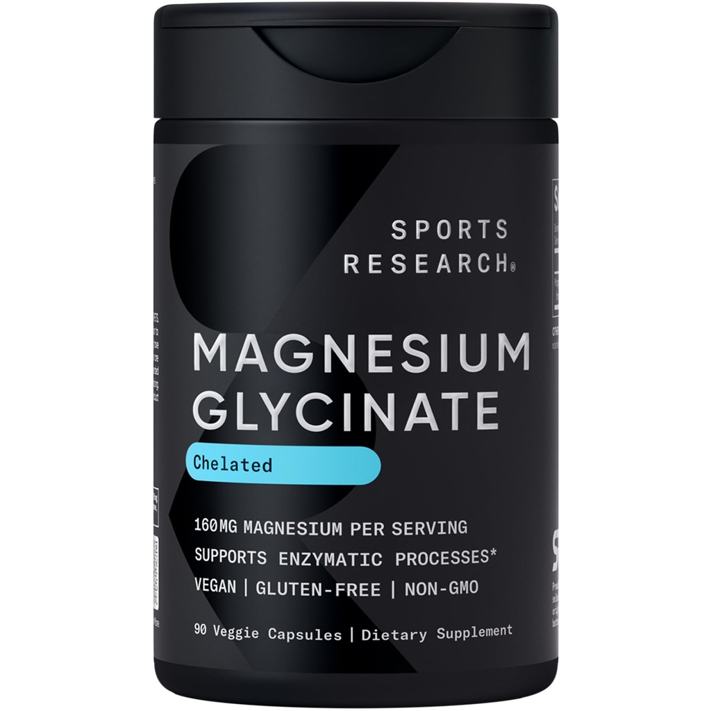 Sports Research ® Magnesium Glycinat - understøtter restaurativ søvn & enzymatiske processer - 160 mg chelateret Magnesium - Vegansk kapsel - 90 greve