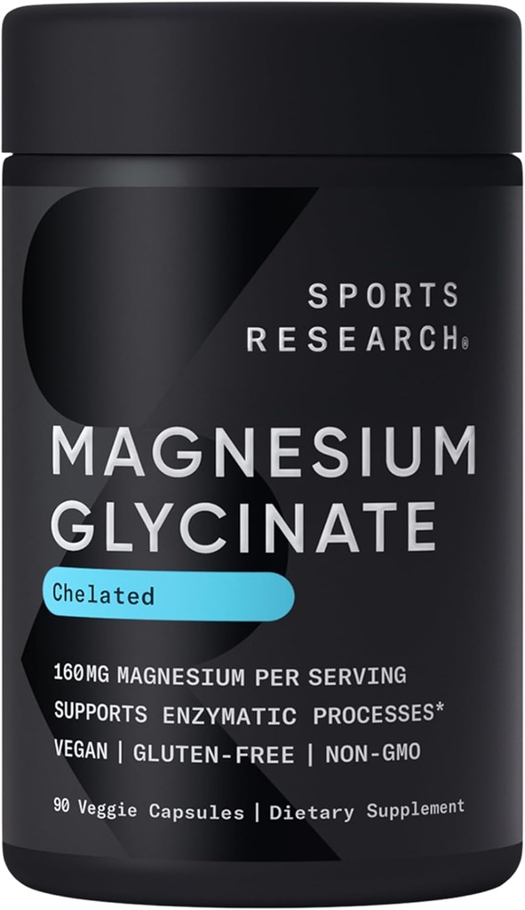 Sports Research ® Magnesium Glycinat - understøtter restaurativ søvn & enzymatiske processer - 160 mg chelateret Magnesium - Vegansk kapsel - 90 greve