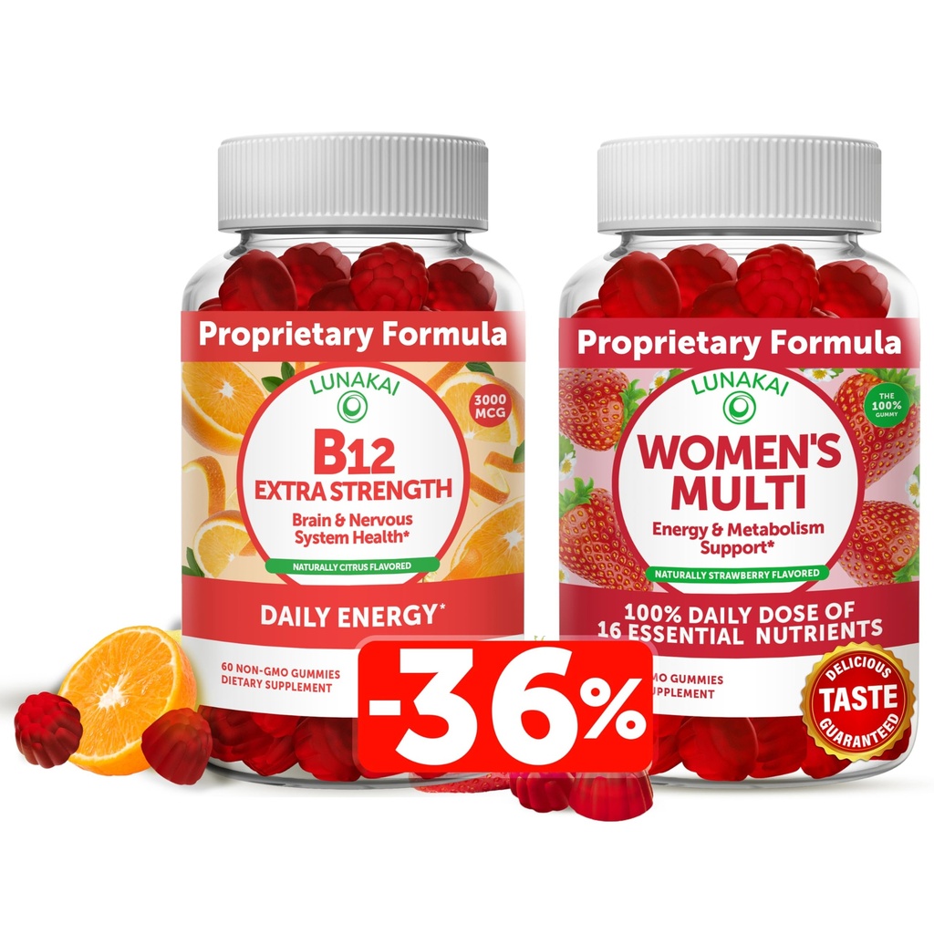 Lunakai Vitamin B12 og kvinders Multivitamin Gummies Bundle - Non-GMO & Vegan Supplement for Energy Support and Bone Health - 100% daglig værdi af 16 essentielle vitaminer og mineraler - 30 dages forsyning